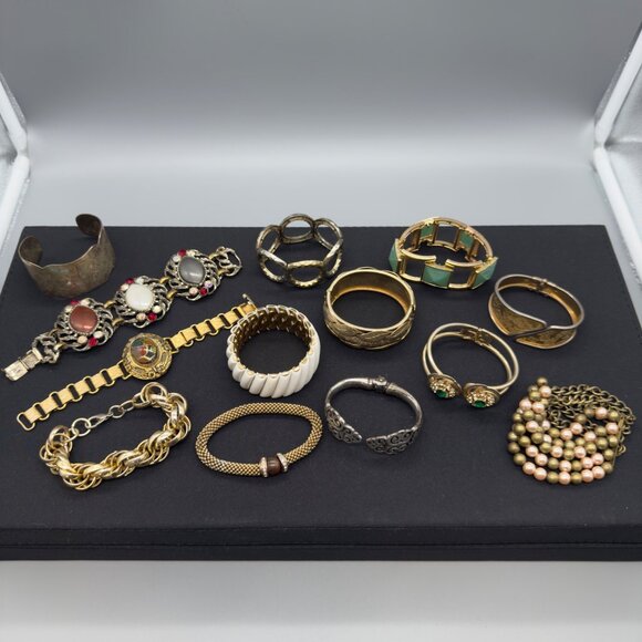 Vtg Chunky Bracelet Bangle Clamper Lot Gold Tone Silver Tone Beaded Chain Link - Picture 8 of 16